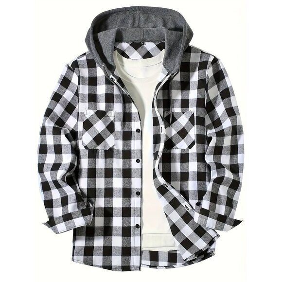 Other - Men's Flannel Hoodie Jacket Casual Long Sleeve Button Down Plaid Shirt White